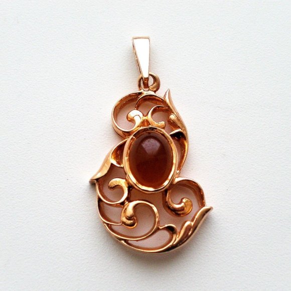 Vintage Russian Soviet USSR 14K 583 Rose Pink Gold Red Chalcedony Pendant - Picture 1 of 5
